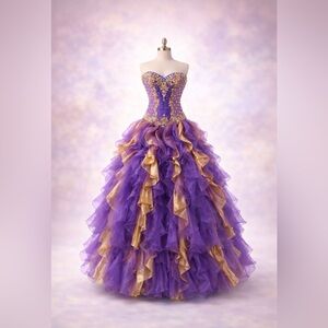 Purple & Gold Princess Ball Gown – Size 2 – XV / Prom / Sweet 16 Dress